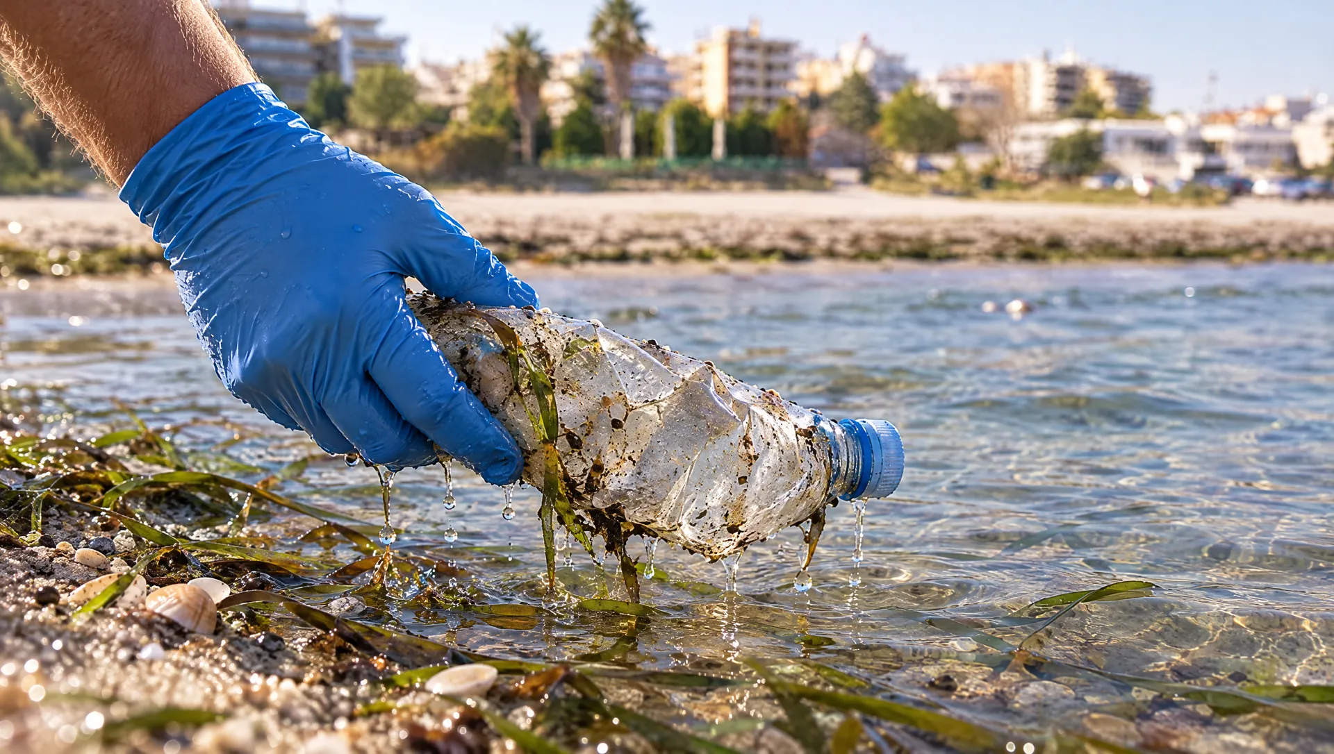Χέρι με γάντι μαζεύει ένα πλαστικό μπουκάλι στην ακτή